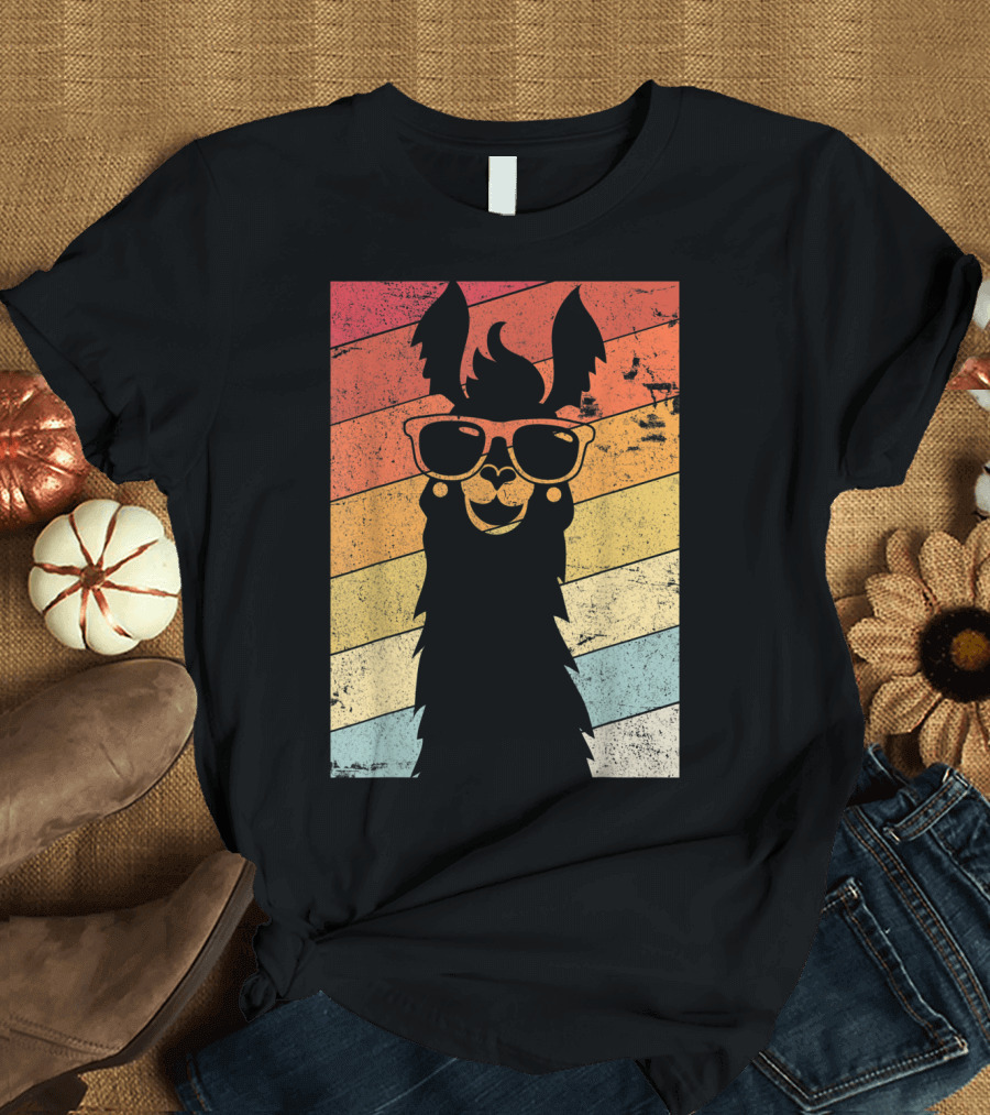 Retro Llama Style Alpaca with Sunglasses on Colorful Stripes T-Shirt
