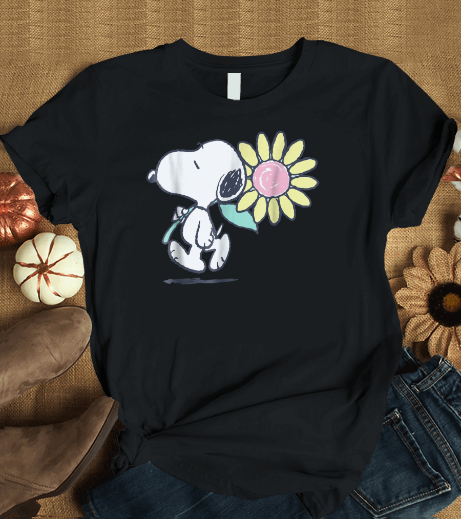 Peanuts Snoopy Walking With Pink Daisy Flower T-Shirt