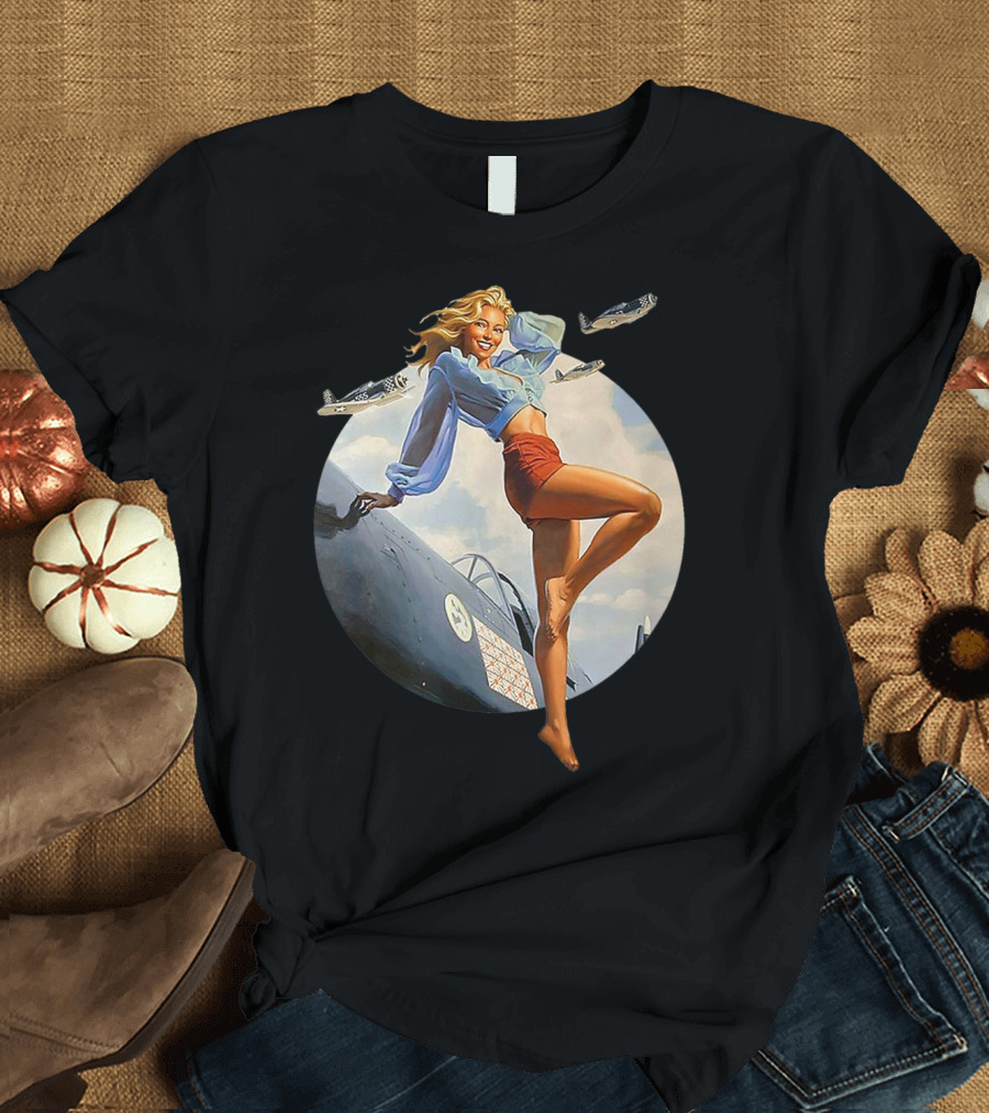 Pin Up Blonde with WWII 40s Air Force Plane and Iconic T-Shirt