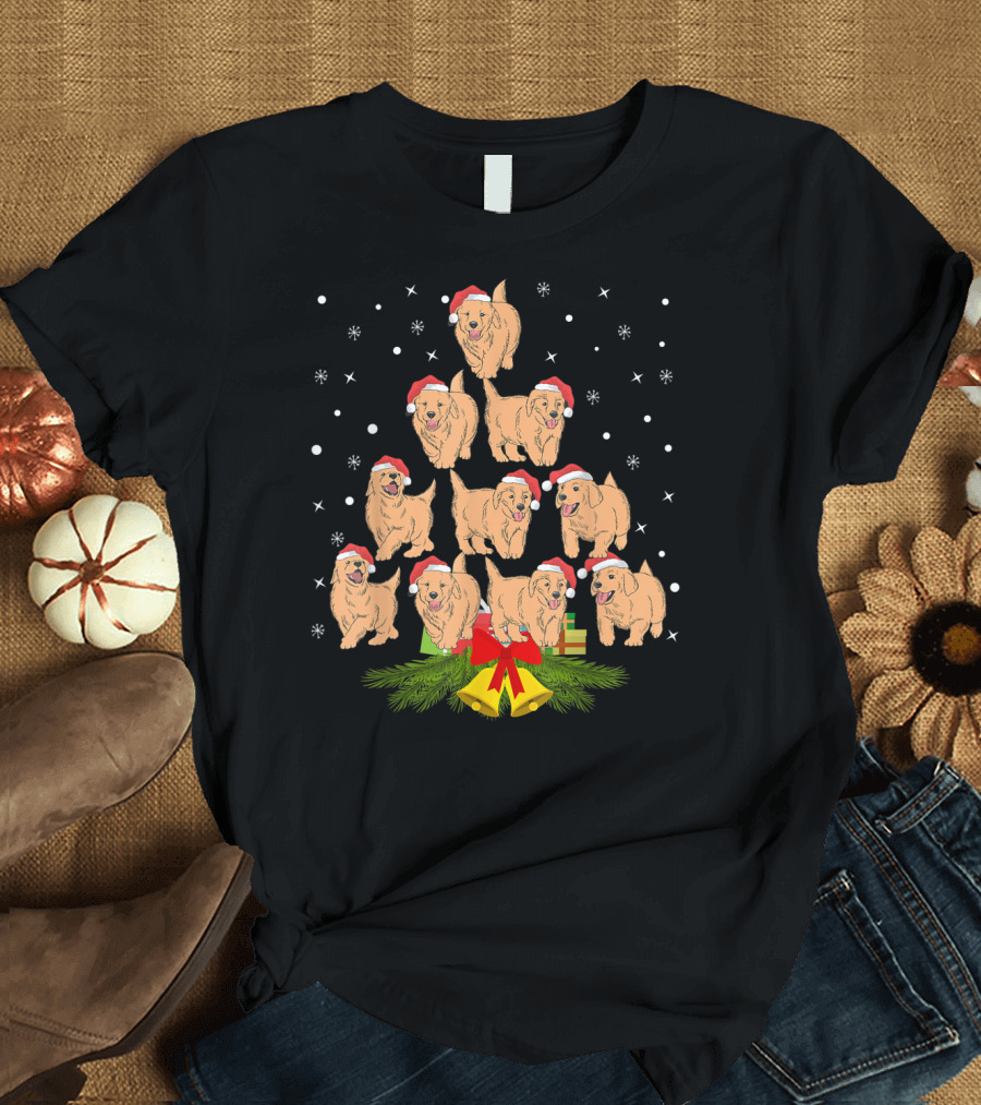 Labrador Puppies Santa Hats Christmas Tree Holiday Snowflakes Bells Gifts T-Shirt