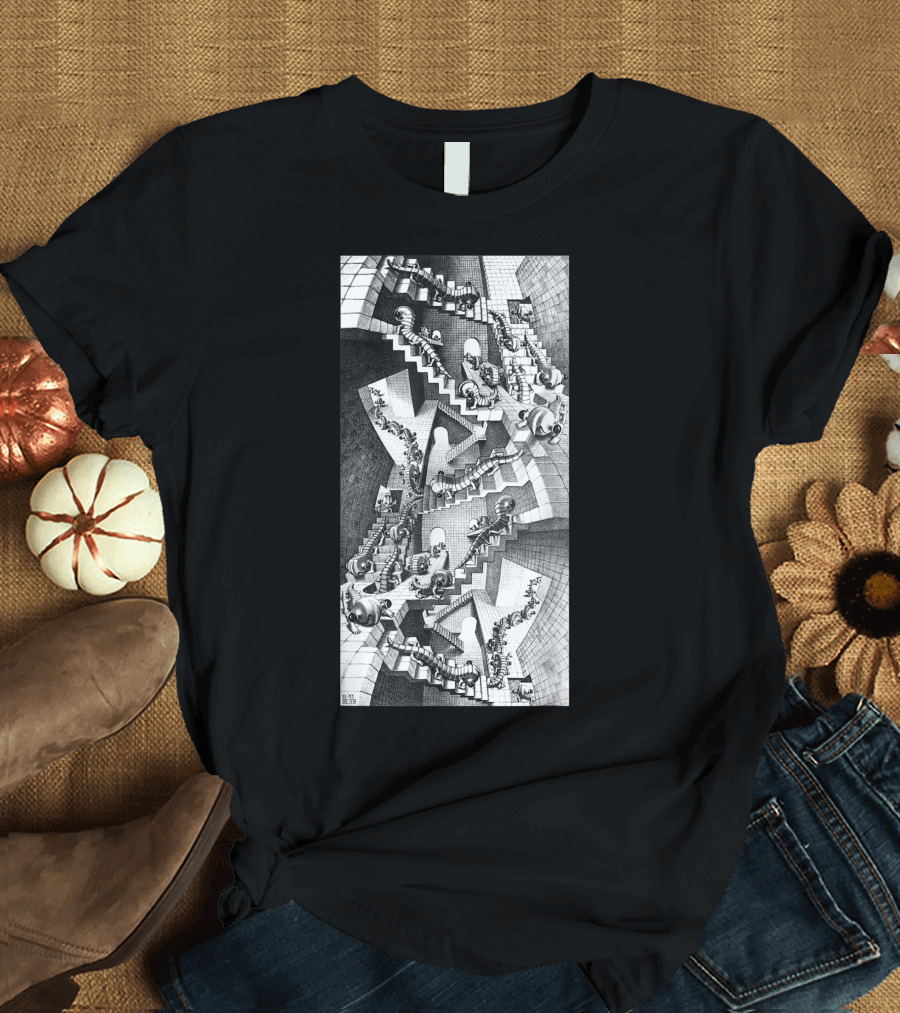 Escher Relativity Optical Illusion Staircase Maze in Three Colors T-Shirt