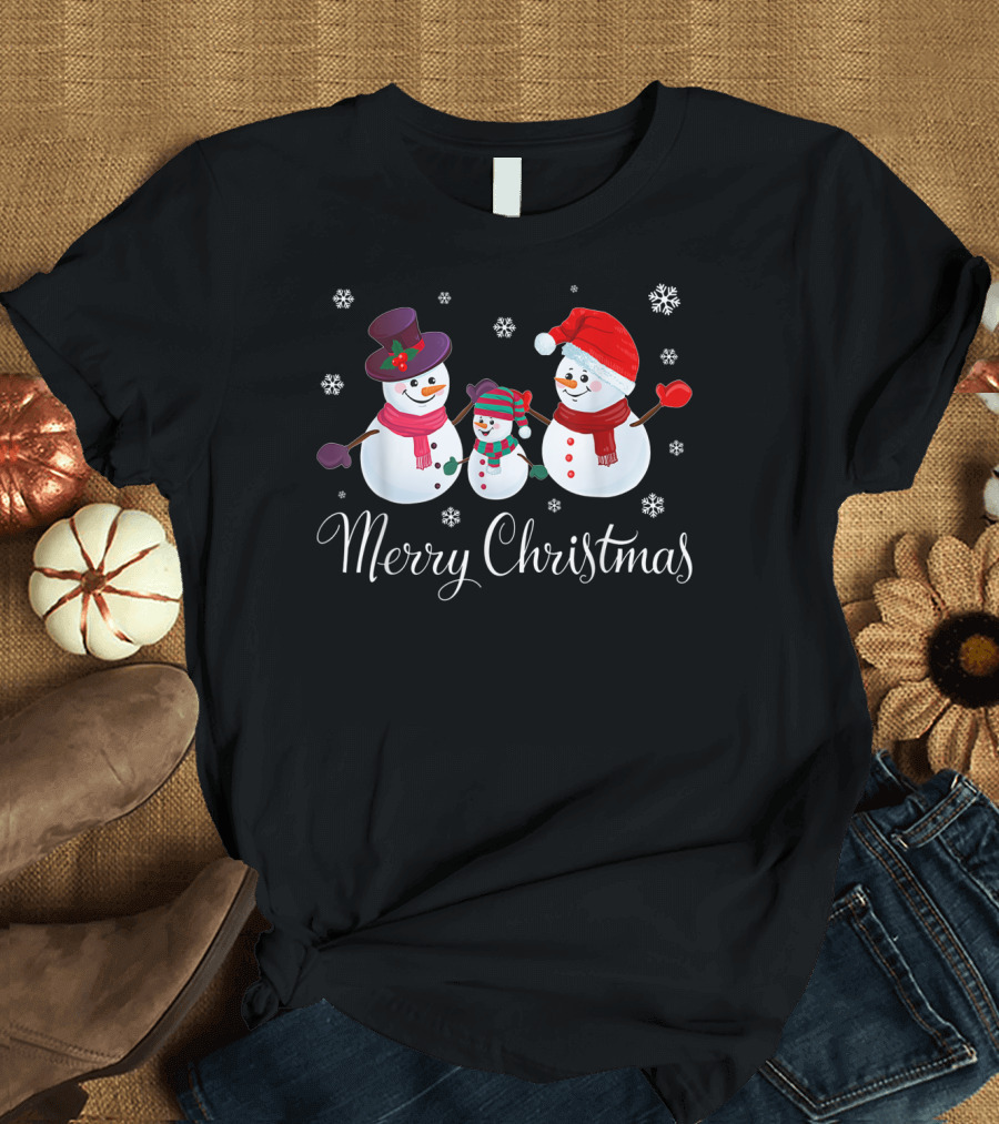 Merry Christmas Family Snowman Snowflakes Holiday Scene T-Shirt
