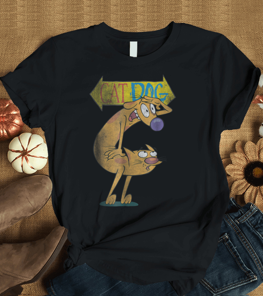 Nickelodeon CatDog Characters with Yellow Direction Arrow T-Shirt