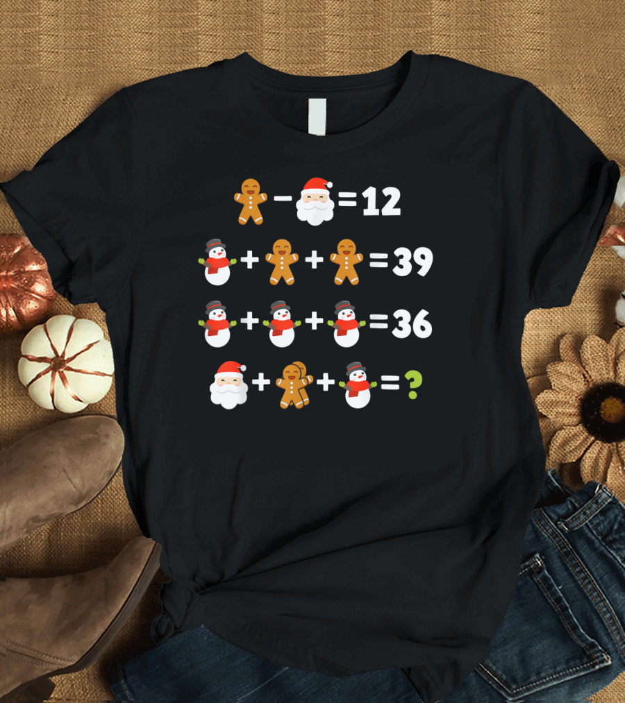 Gingerbread Santa Snowman Christmas Math Puzzle Equation Mystery T-Shirt