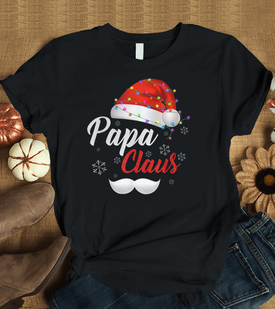 Papa Claus Santa Hat with Lights and Snowflakes T-Shirt
