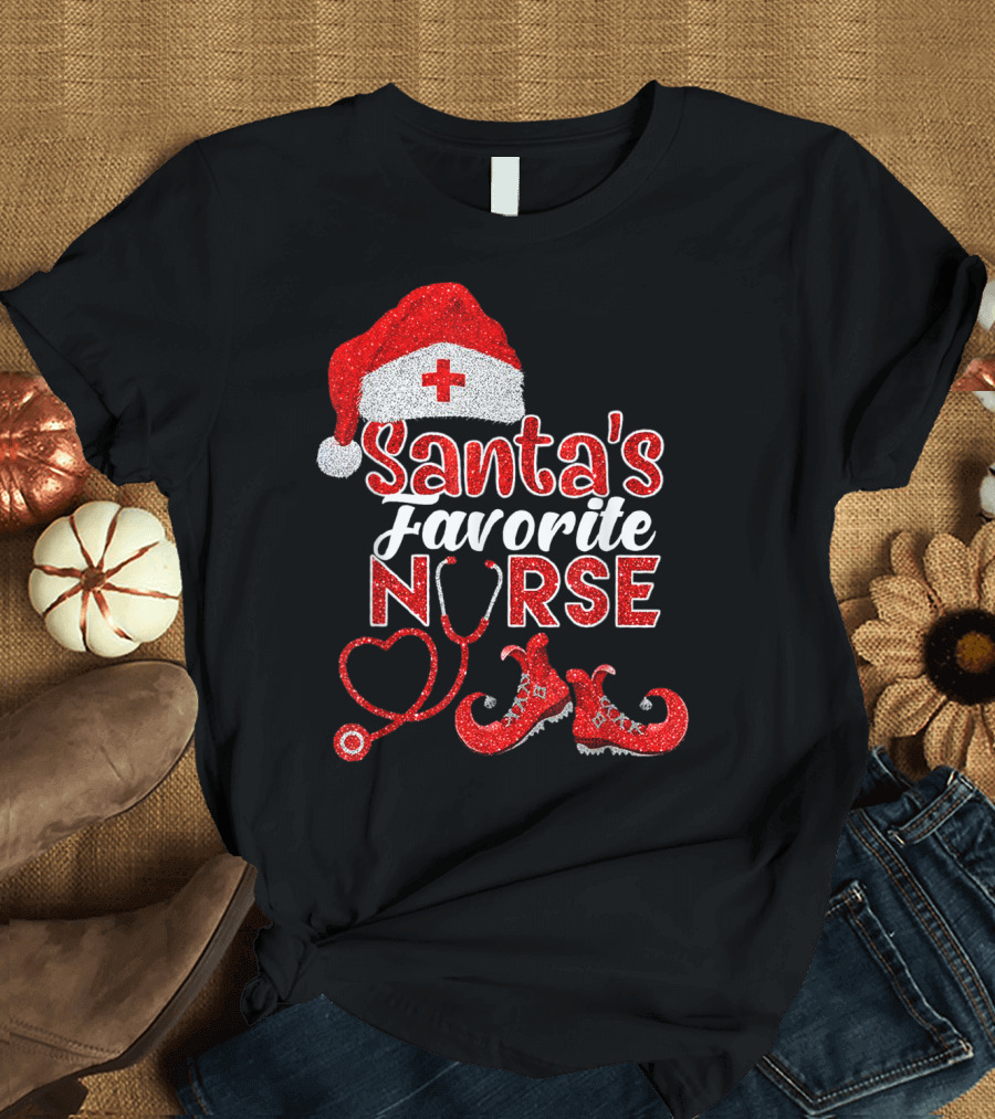 Santa's Favorite Nurse Heart Stethoscope Elf Shoes Merry Xmas Party T-Shirt