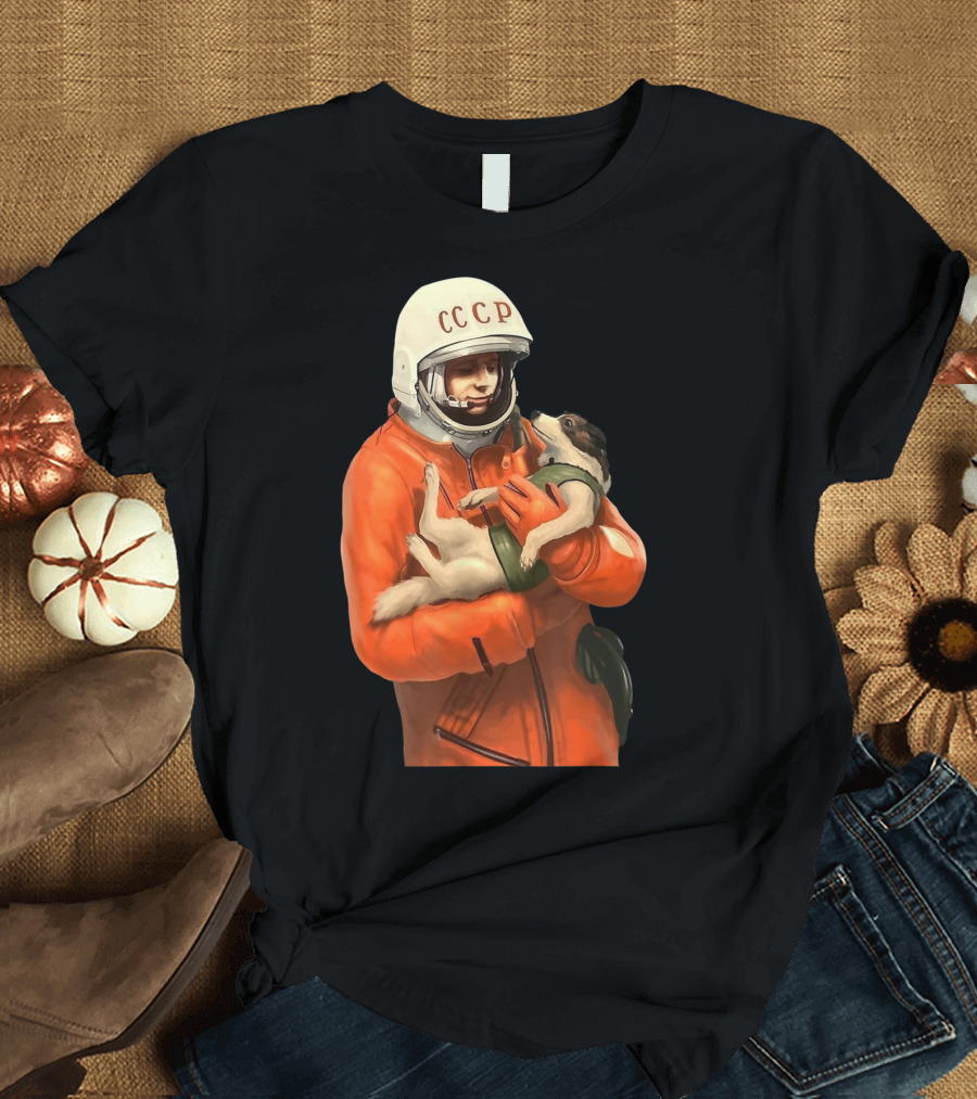 Soviet Space Gagarin USSR CCCP Cosmonaut with Dog in Orange Suit T-Shirt