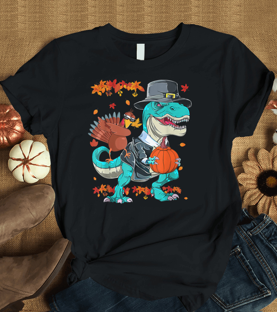 Thanksgiving Pilgrim T-Rex Dinosaur Dabbing Turkey with Pumpkin and Autumn Leaves T-Shirt