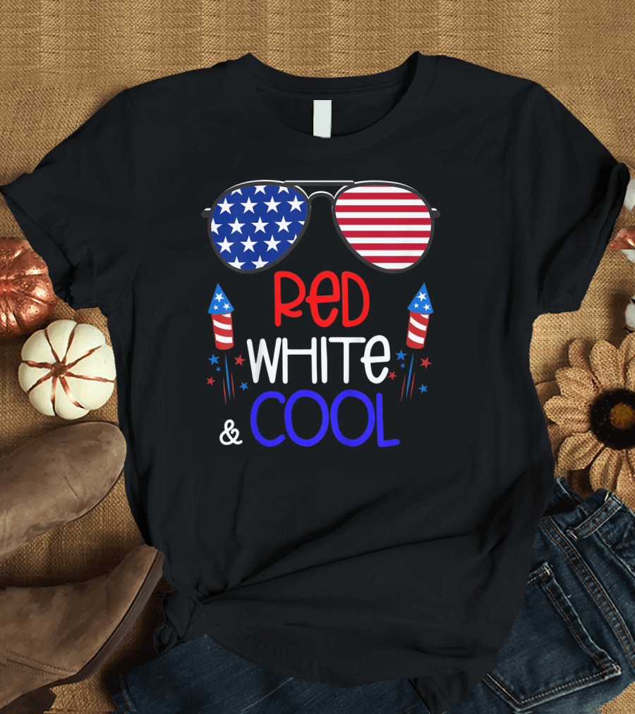 Red White and Cool Kids Boys 4th of July Patriotic Sunglasses Fireworks T-Shirt