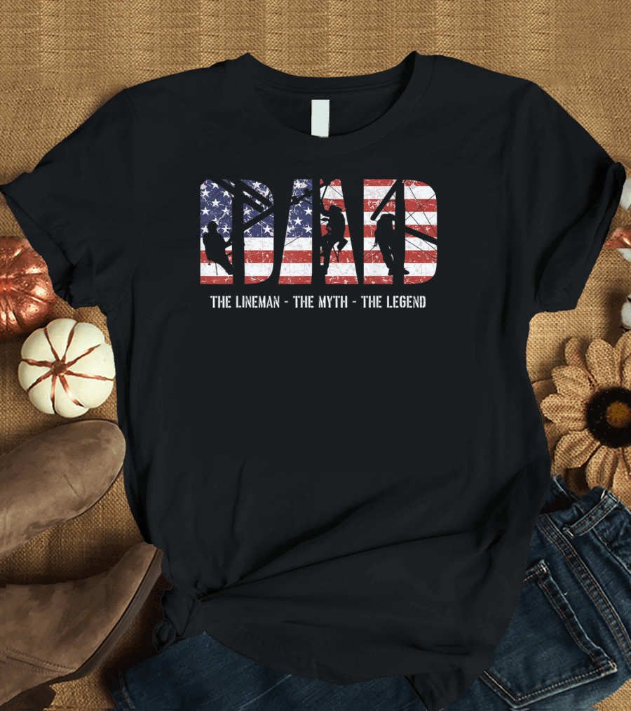 Dad Lineman Myth Legend American Flag T-Shirt