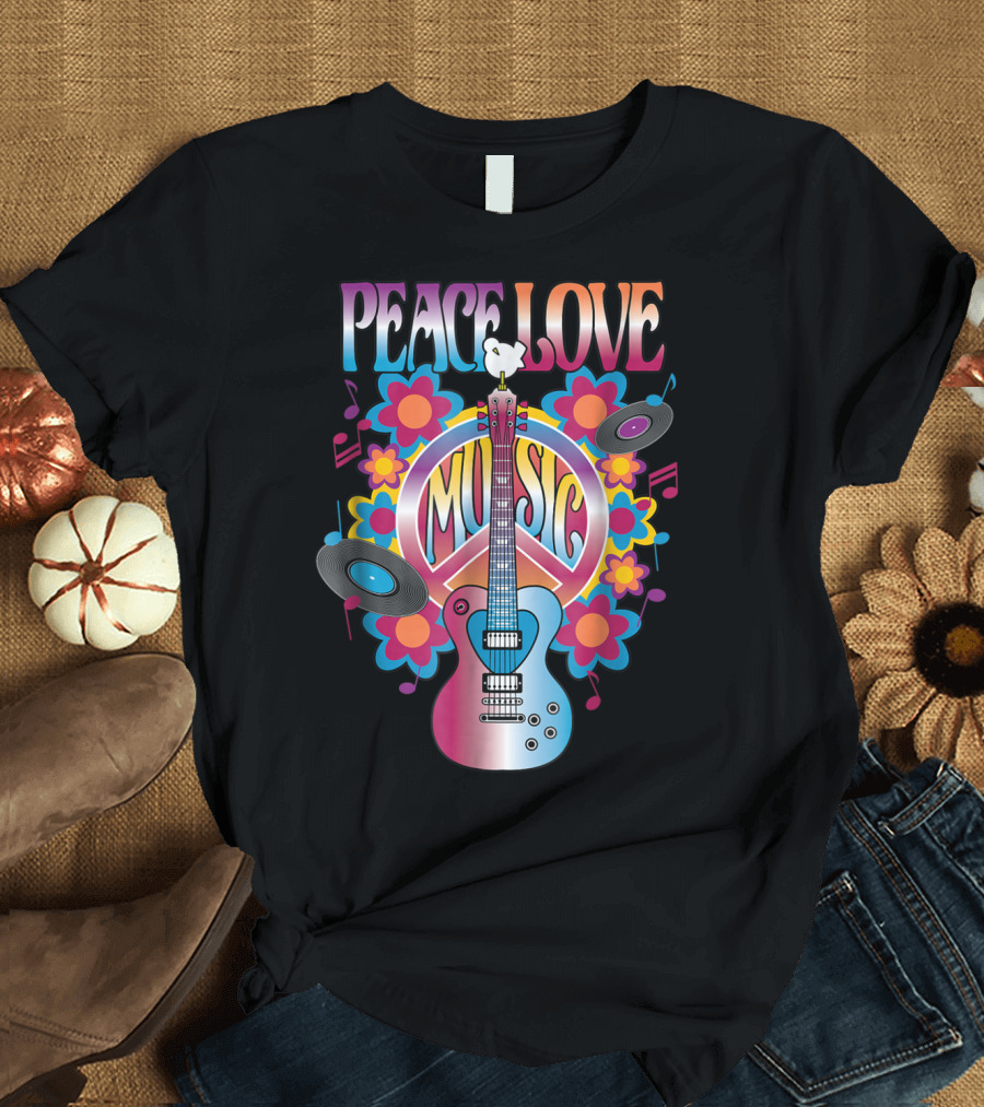 PEACE LOVE MUSIC Guitar Dove Vinyl Records Flower Symbols T-Shirt