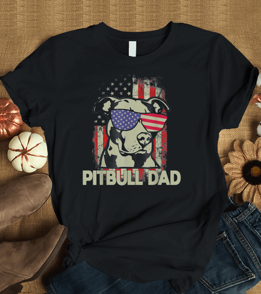 Pitbull Dad USA Flag Sunglasses American Fourth of July T-Shirt