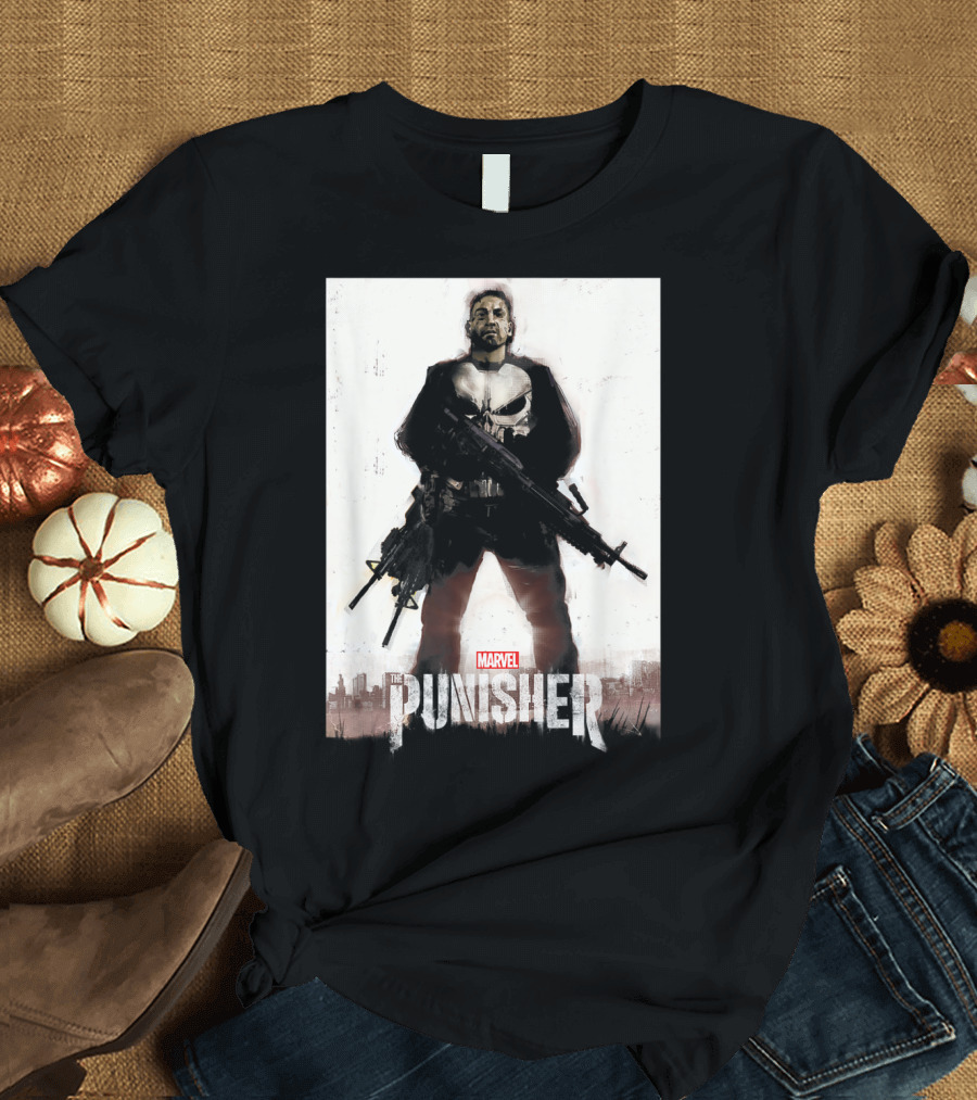 Marvel The Punisher Frank Castle One Man Army Standing with Weapons and Skull Emblem T-Shirt