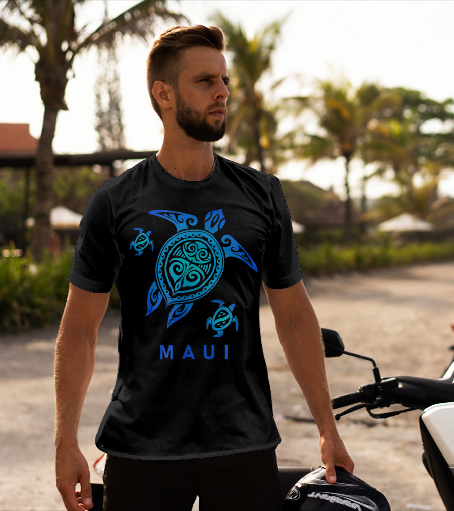 Maui Hawaii Blue Tribal Turtle T-Shirt