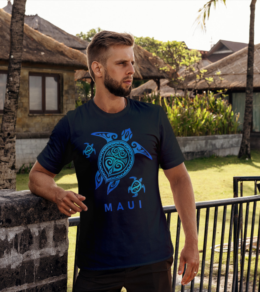 Maui Hawaii Blue Tribal Turtle T-Shirt