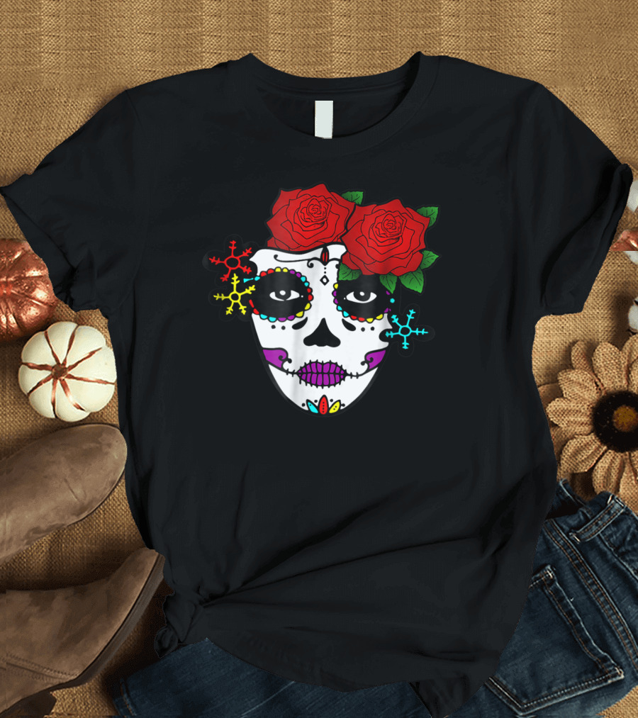 Mexican Day of the Dead Colorful La Catrina with Roses T-Shirt