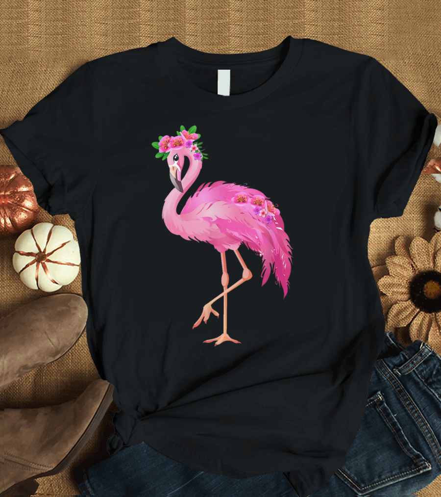 Pink Flamingo with Watercolor Hawaiian Flower Crown and Feathers T-Shirt