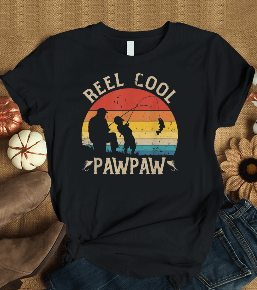 Reel Cool Pawpaw Vintage Silhouette Fishing Scene T-Shirt