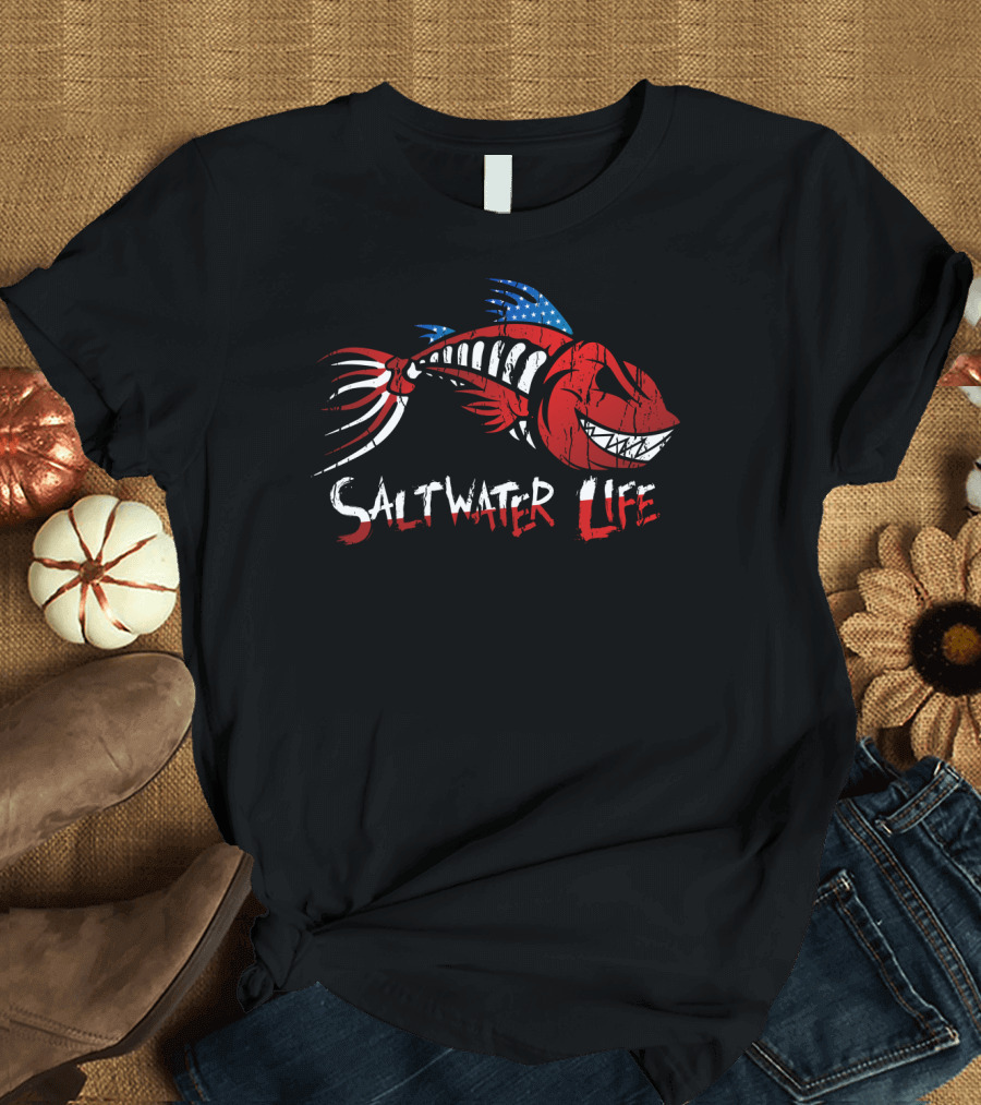 Saltwater Life American Flag Fish Skeleton T-Shirt