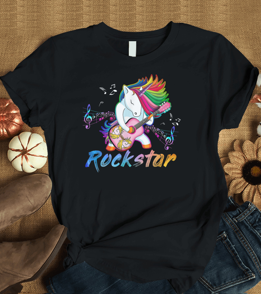Unicorn Rockstar Rainbow Guitar Music Notes T-Shirt