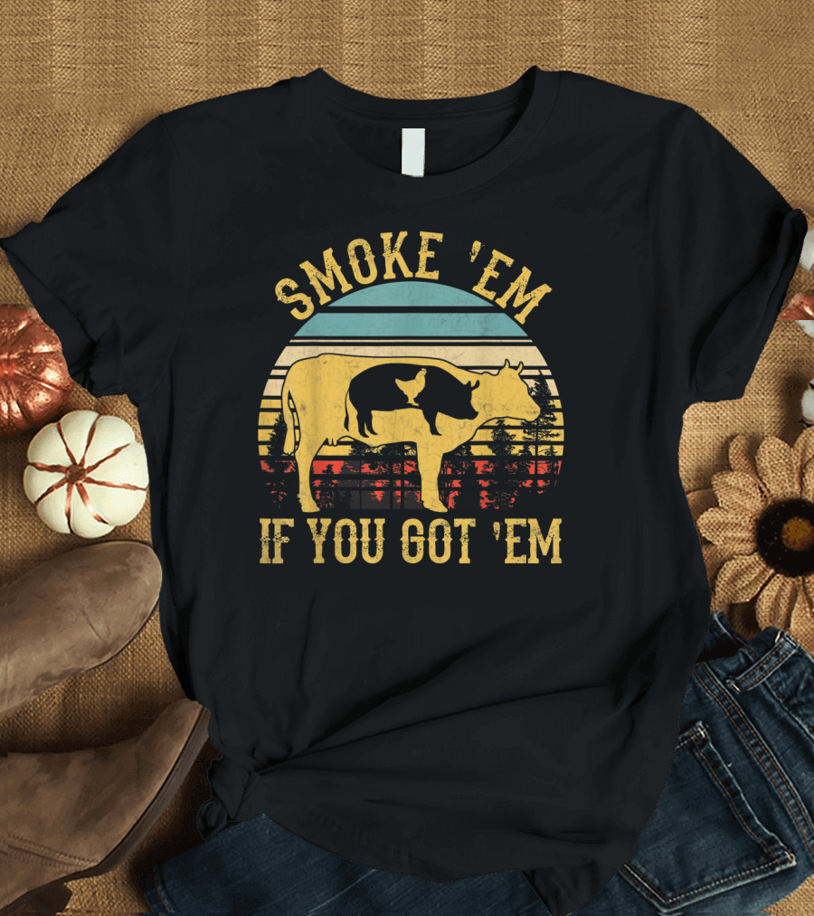 Smoke 'Em If You Got 'Em Vintage BBQ Grilling Cow Silhouette Retro Sunset T-Shirt