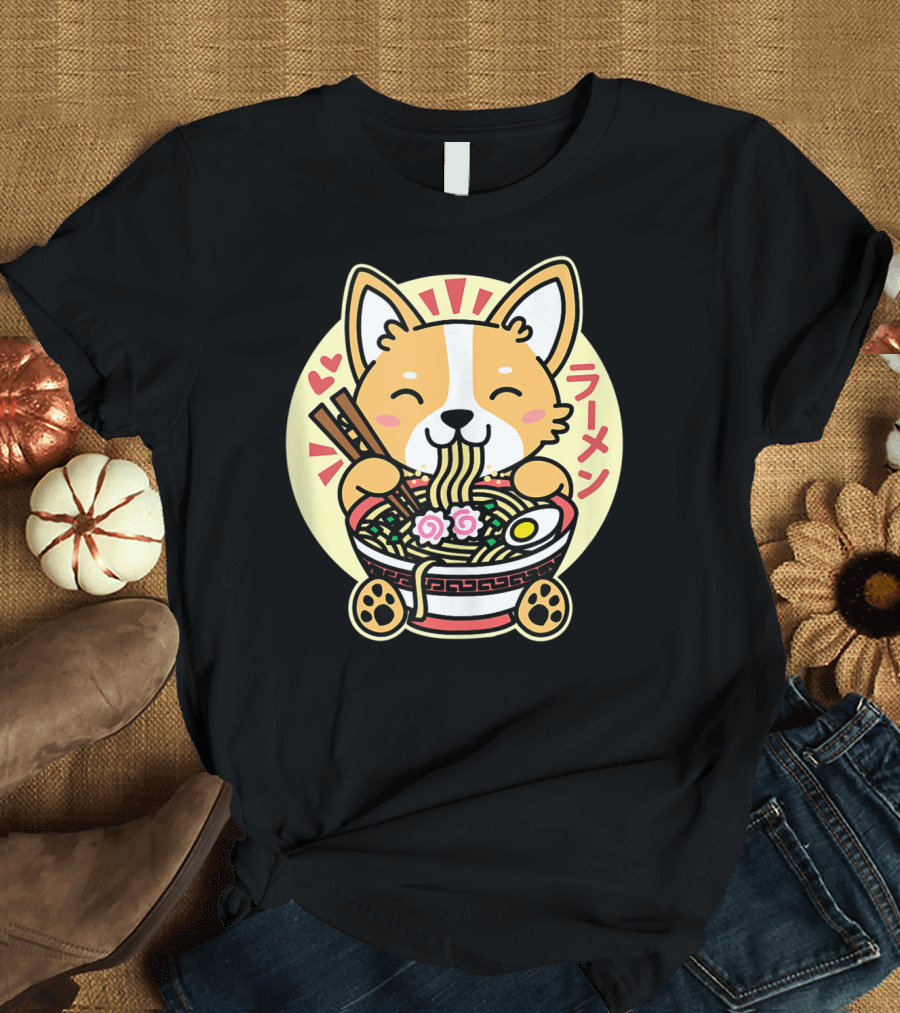 Kawaii Corgi Ramen Cute Anime Dog Japanese Noodles T-Shirt
