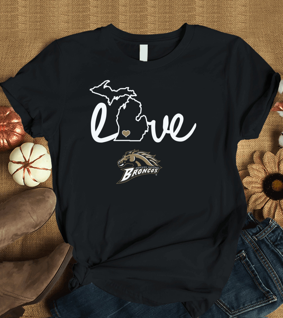 Western Michigan Broncos Love Michigan Map Heart T-Shirt