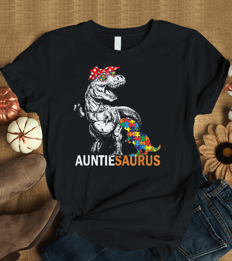 Auntie Saurus Autism Awareness Dinosaur with Puzzle Pieces and Bow T-Shirt