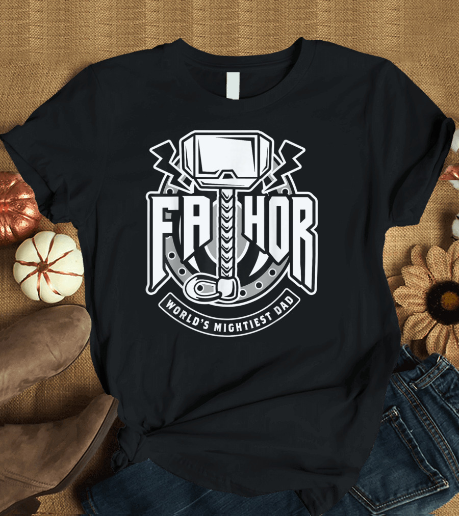 Mens Fathor World's Mightiest Dad Funny Cool Vik Hammer and Lightning T-Shirt