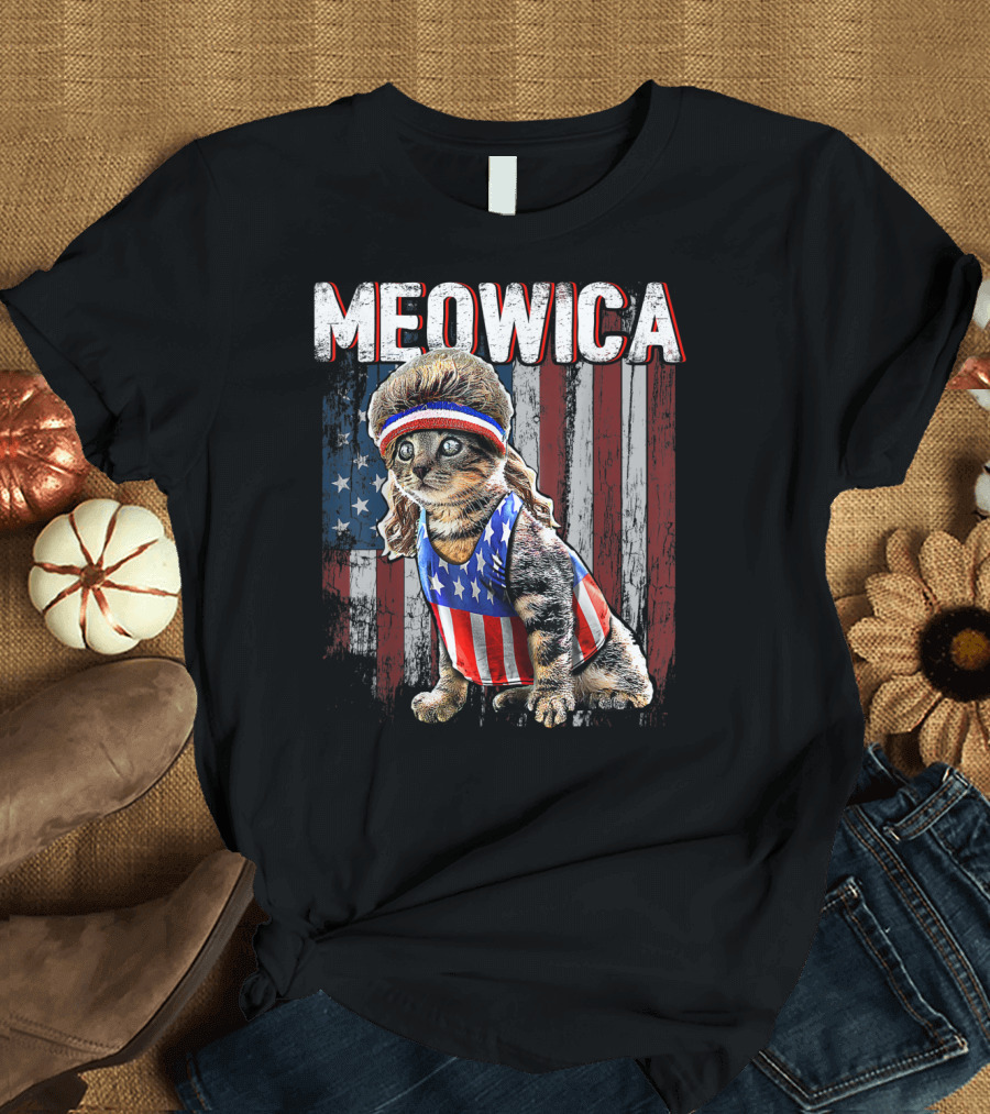 Meowica Cat Mullet American Flag Patriotic Kitten in Stars and Stripes Vest and Headband in Front of American Flag T-Shirt