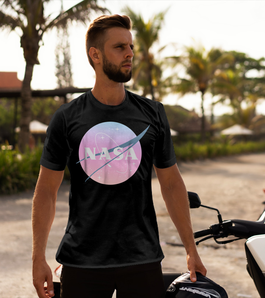 NASA Pastel Rainbow Classic Logo Pink And Blue Ombre Circle With Stars T-Shirt