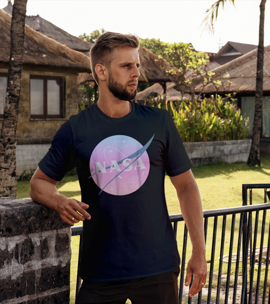 NASA Pastel Rainbow Classic Logo Pink And Blue Ombre Circle With Stars T-Shirt