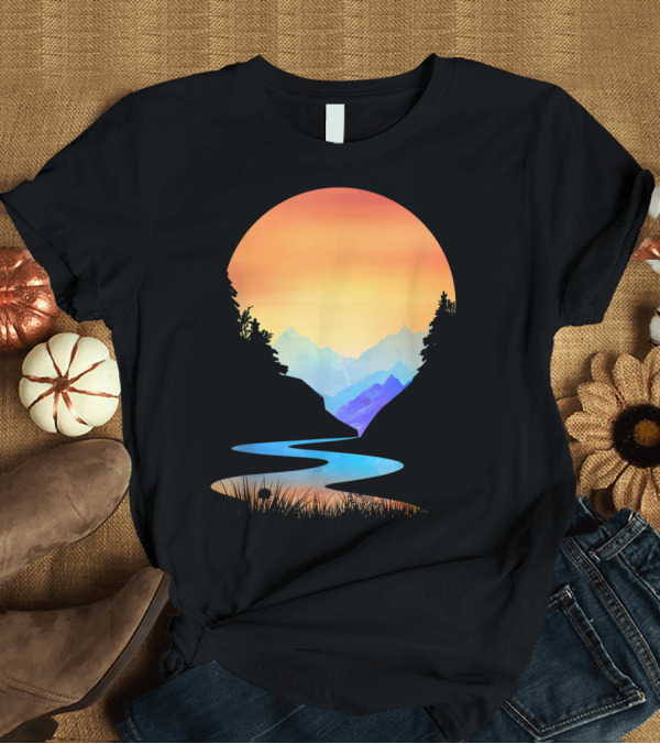 T-Shirt: Outdoor Sunset Vintage Style Mountains Sun Nature River Landscape T-Shirt Outdoor Sunset Vintage Style Mountains Sun Nature River Landscape T-Shirt