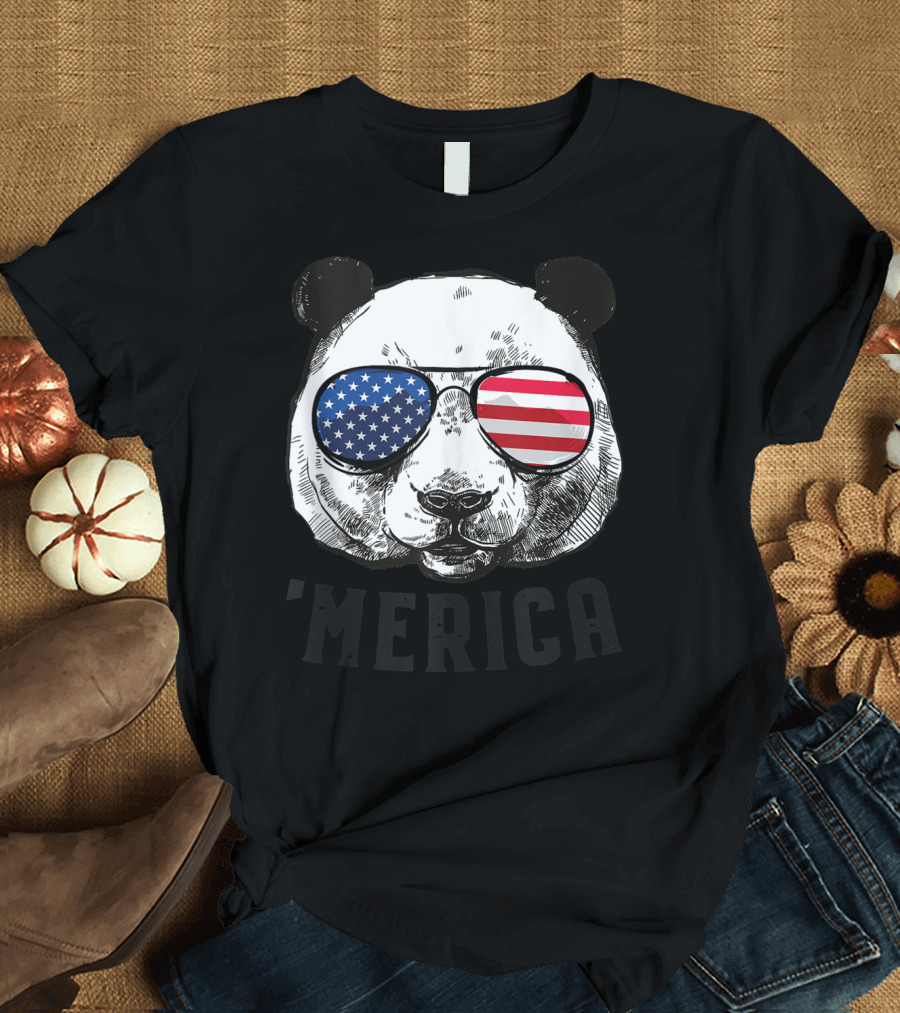 Panda Bear American Flag Sunglasses 4th of July Merica T-Shirt