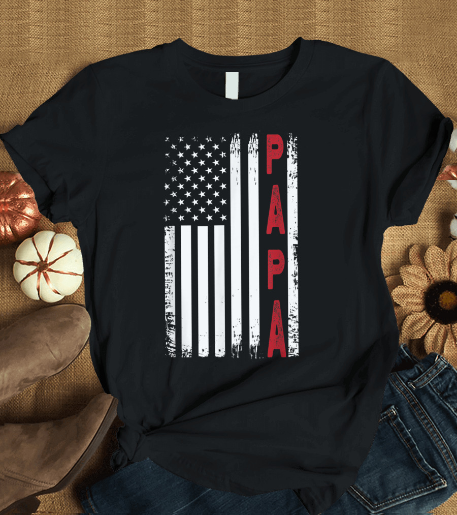 Papa Vertical Red Letters American Flag T-Shirt