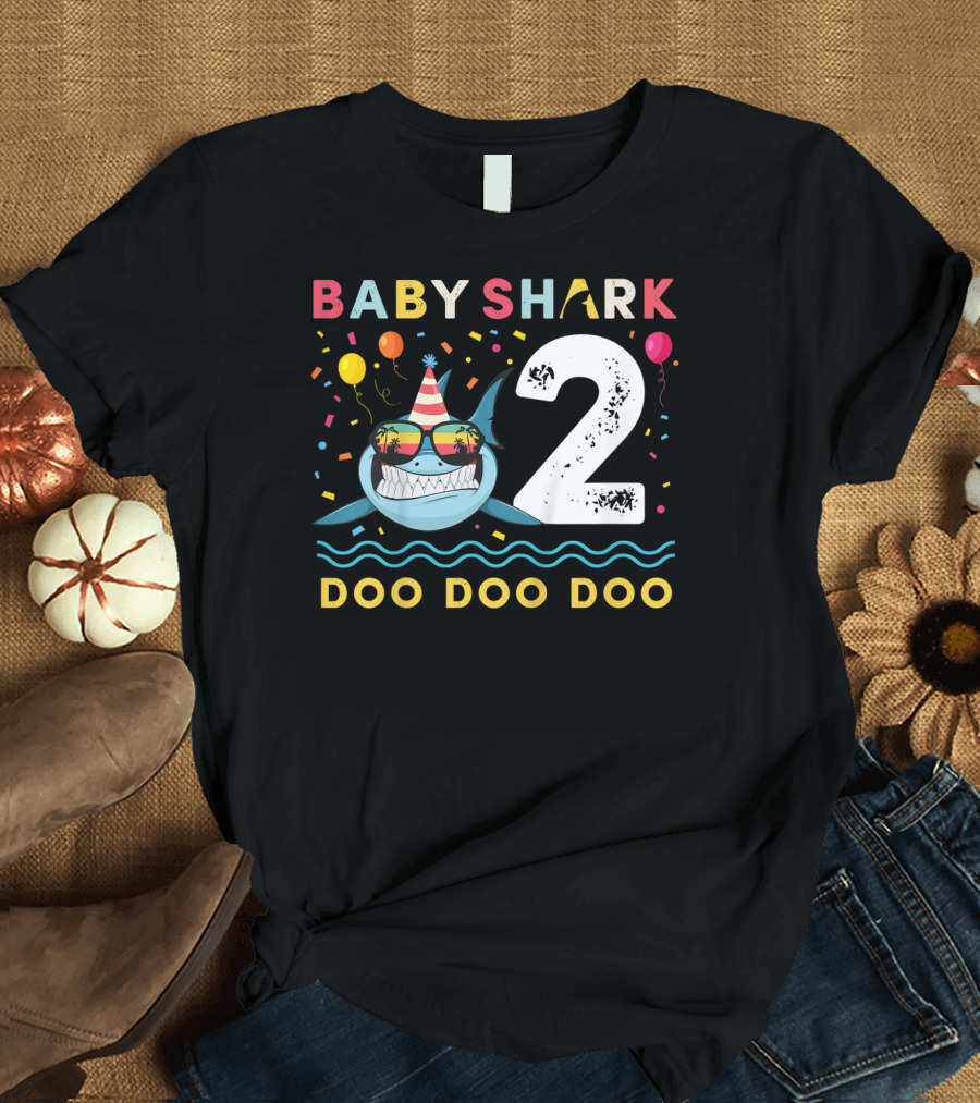 Baby Shark 2nd Birthday Doo Doo Doo Toddler Kids Party Hat Balloons T-Shirt