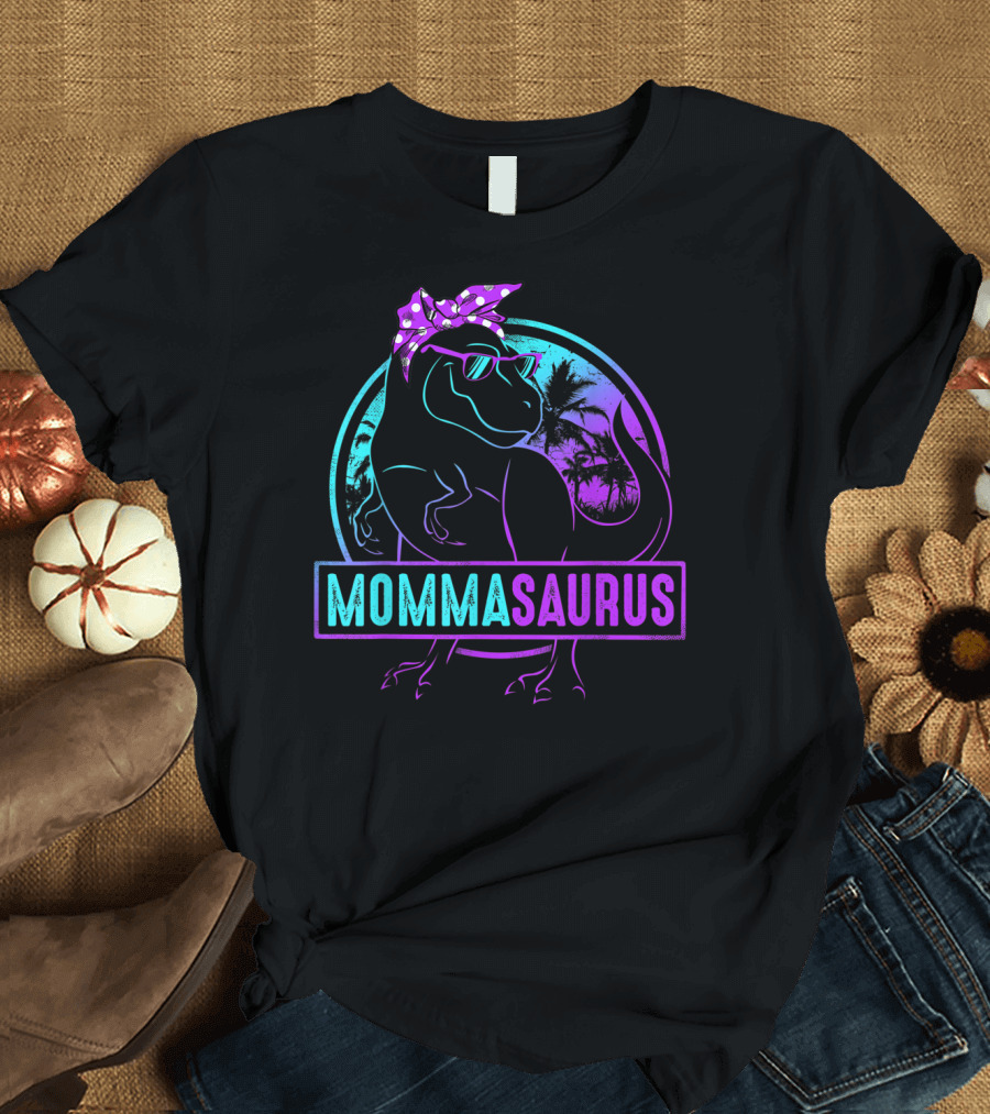 Mommasaurus Dinosaur with Bandana Sunglasses and Tropical Background T-Shirt