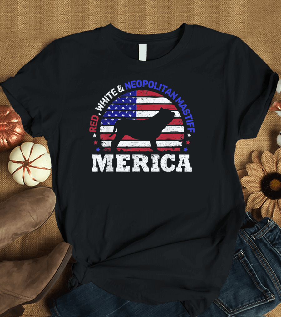 Red White Neapolitan Mastiff Merica American USA Flag 4th of July T-Shirt