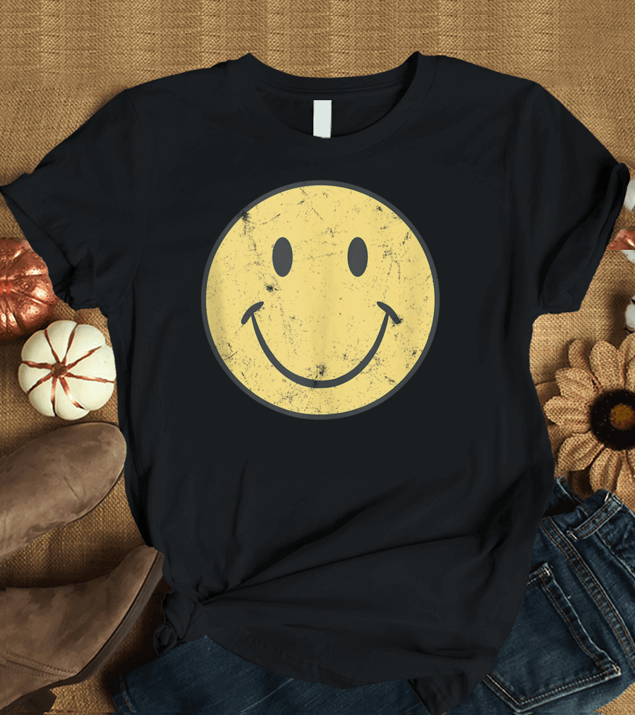 Retro 70s Smiley Face Distressed Yellow T-Shirt