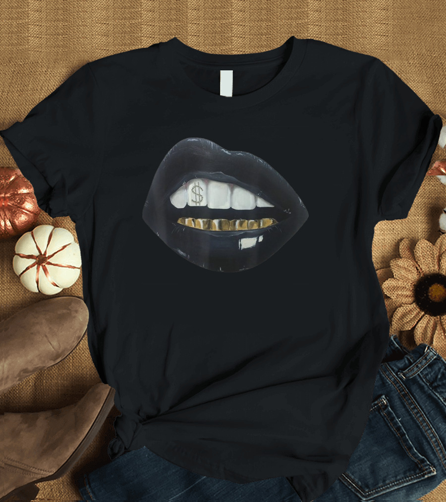 Red Black Lips Gold Teeth Dollar Smile T-Shirt