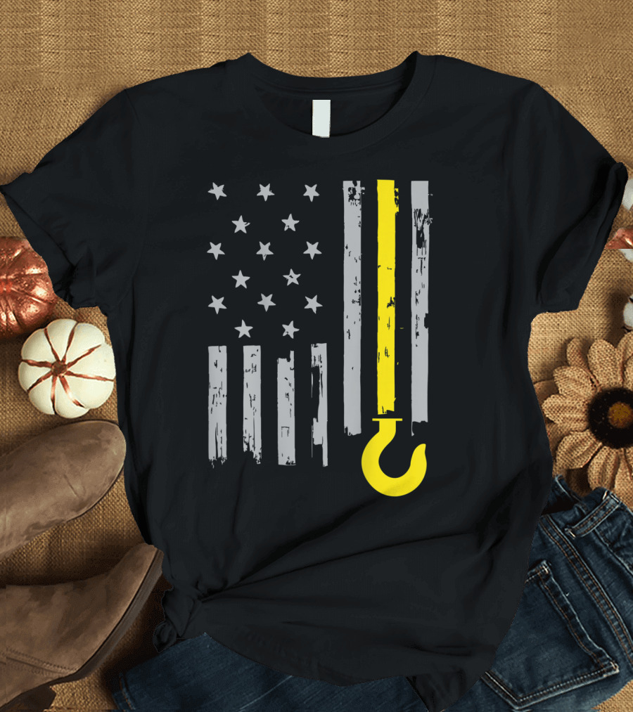 Tow Truck Driver American Flag Yellow Line Hook T-Shirt