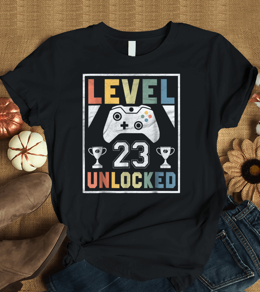 Level 23 Unlocked Video Gamer Birthday with Controller and Trophies T-Shirt
