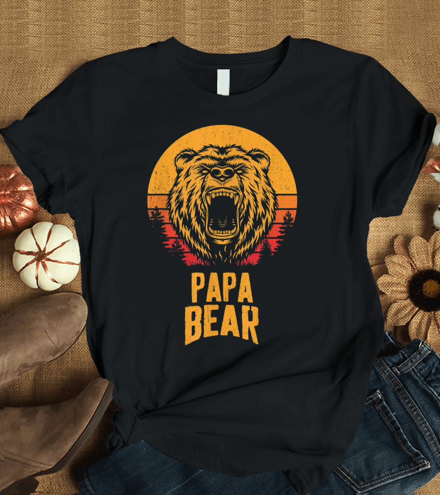 Papa Bear Father's Day Sunset Roaring Bear Forest Scene T-Shirt