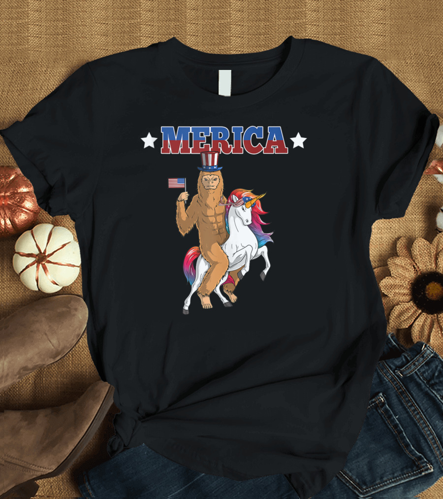 MERICA Bigfoot Riding a Patriotic Unicorn with American Flag T-Shirt