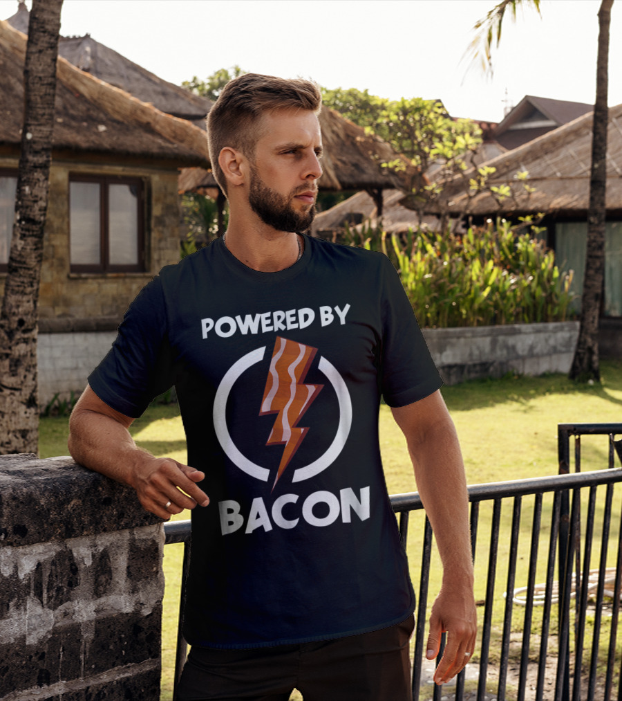 Powered By Bacon Funny Bacon Lovers Lightning Bolt T-Shirt