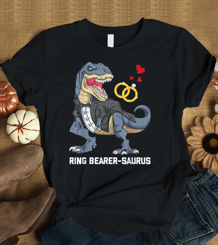 Rex Dinosaur Ring Bearer Saurus in Tuxedo with Wedding Rings and Hearts T-Shirt