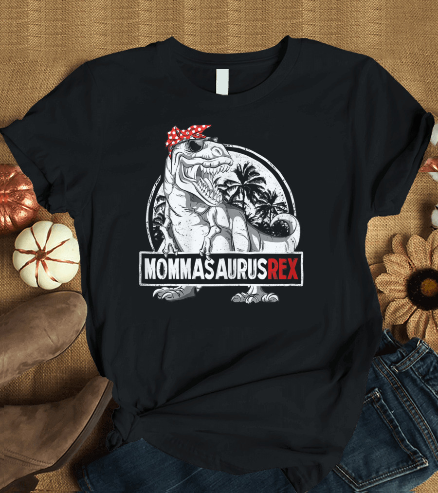 Mommasaurus Rex Dinosaur with Red Bandana and Palm Trees T-Shirt