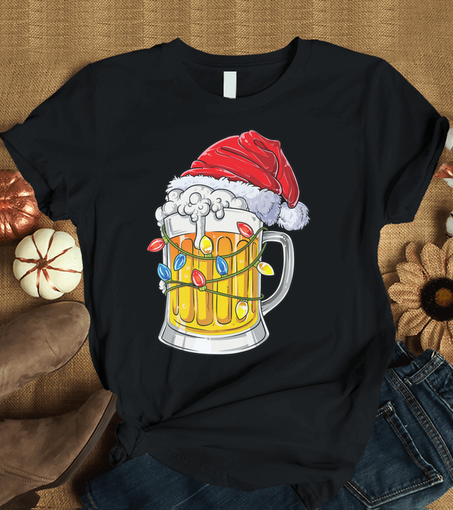 Beer Santa Hat Christmas Lights Holiday Cheer T-Shirt