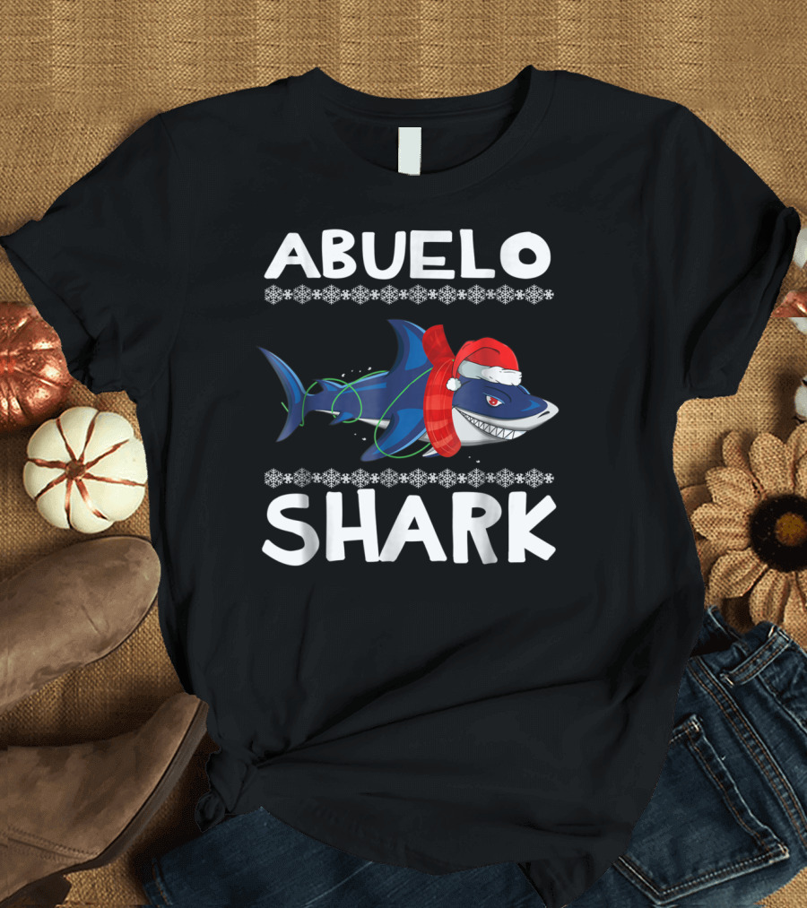 Abuelo Shark Ugly Christmas Family Santa Hat Snowflakes T-Shirt