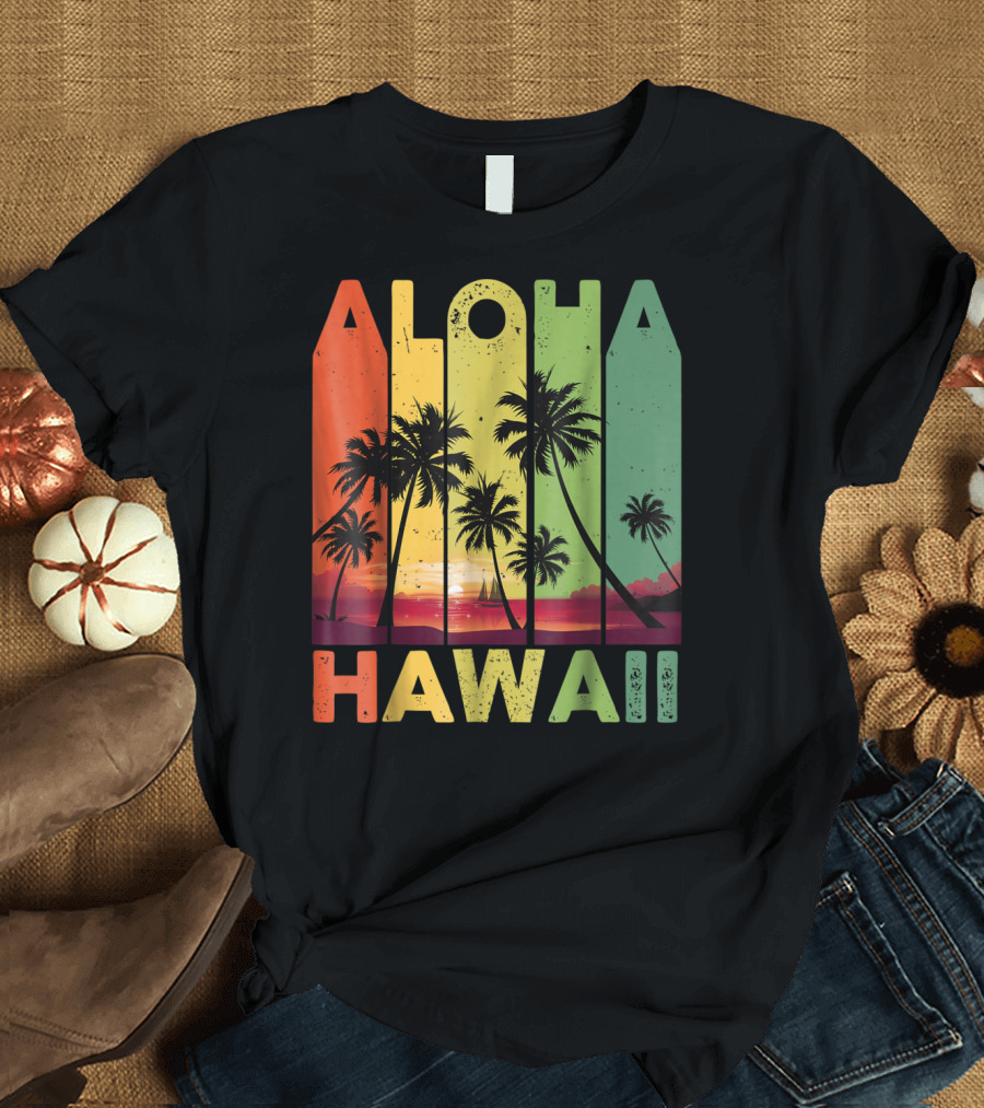 Aloha Hawaii Palm Sunset Vintage 1980s Island Tropical Retro Scenery T-Shirt